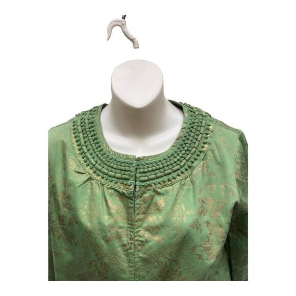 Chico’s Green Gold Shiny Cotton Embroidered Dots Trim Jacket Size 0 Small EUC - Picture 2 of 7